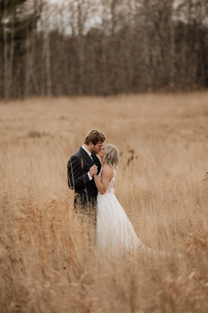 portraits of bride and groom during sunset hour on their wedding day