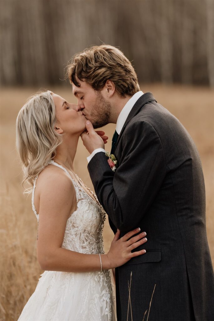 portraits of bride and groom during sunset hour on their wedding day