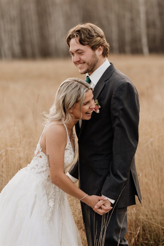 portraits of bride and groom during sunset hour on their wedding day