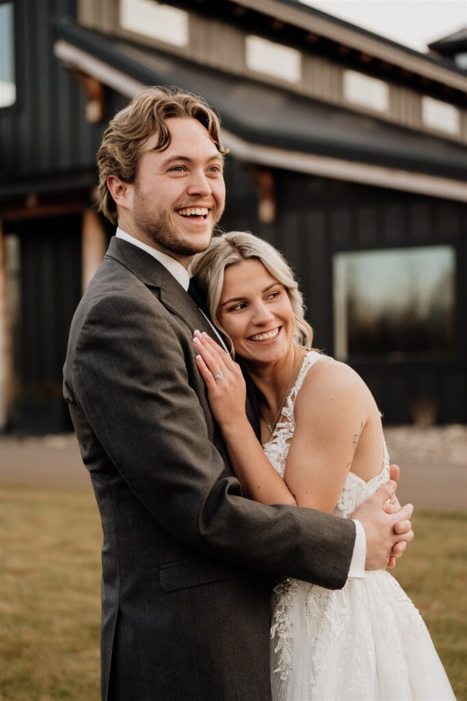 portraits of bride and groom during sunset hour on their wedding day