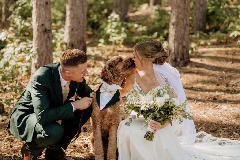 Minneapolis wedding photographer and videographer shoot bride and groom first look photos at pinewood with their dog