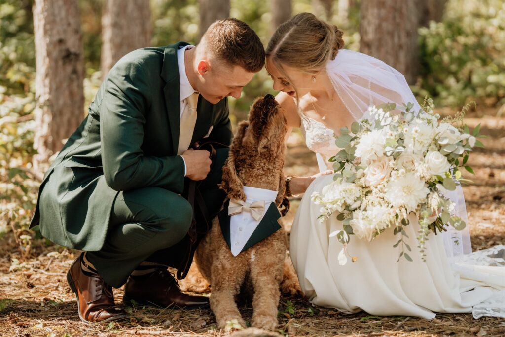 Minneapolis wedding photographer and videographer shoot bride and groom first look photos at pinewood with their dog