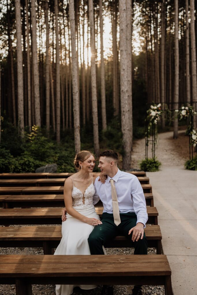 golden hour photos of bride and groom outside at pinewood