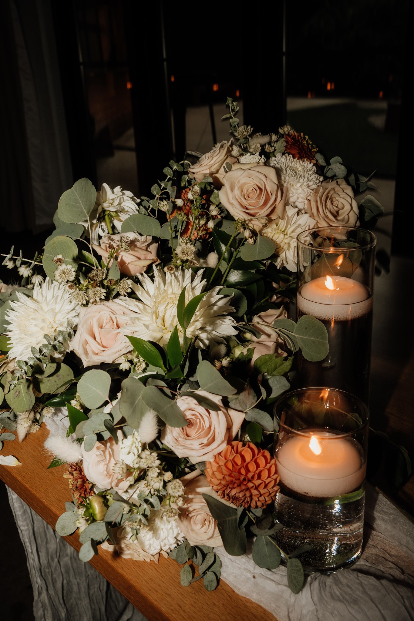 night time details of wedding florals at pinewood